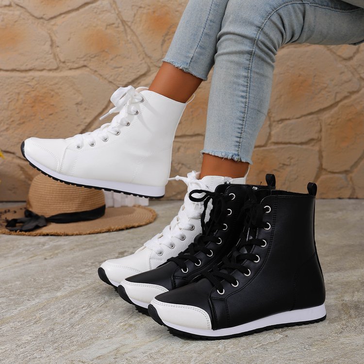 Sarah Express Women's Side-Zip Flat Ankle Boots White