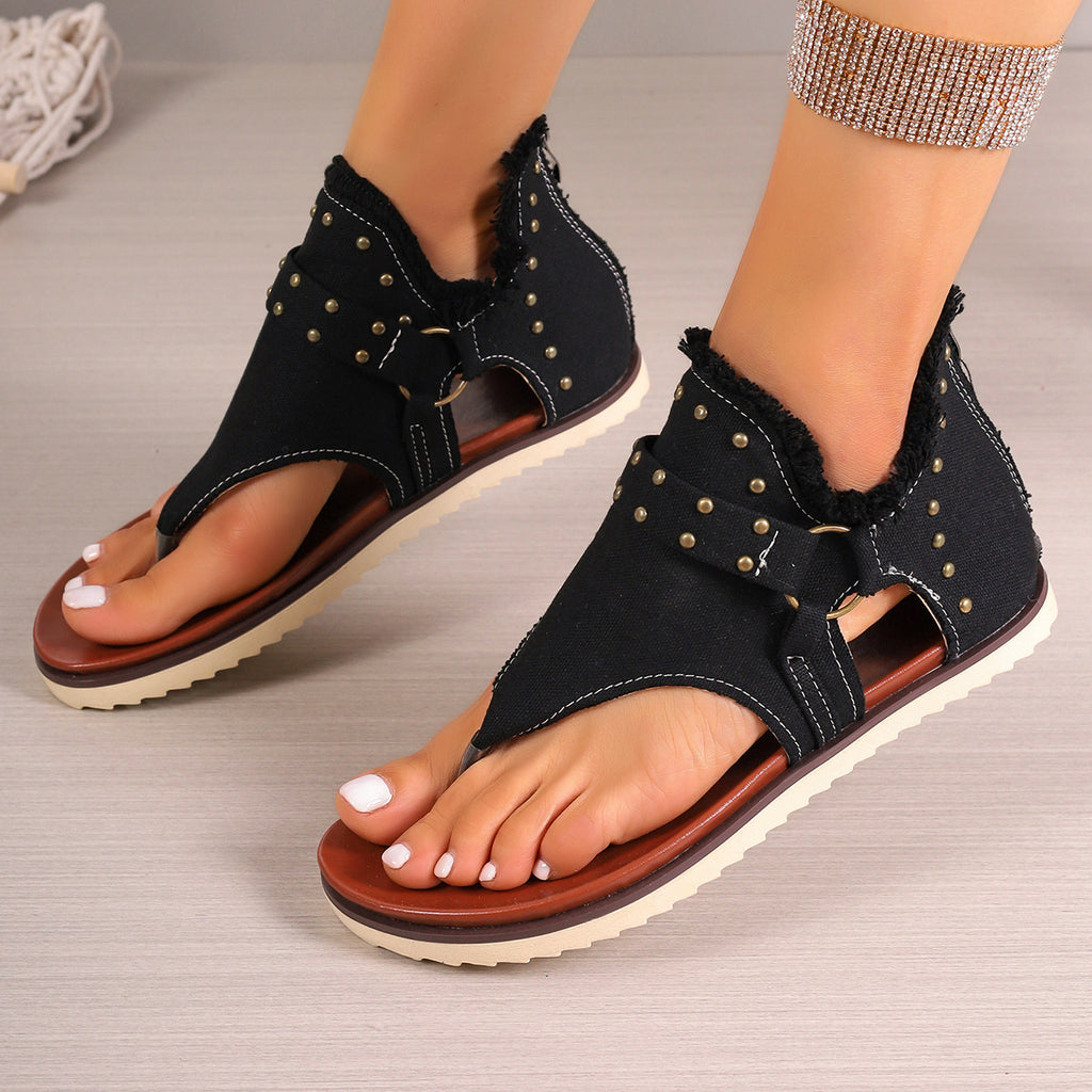 Sarah Express Denim Studded Thong Sandals With Zipper