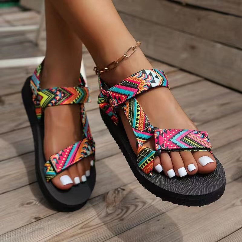 Sarah Express Printed Ethnic Style Velcro Flat Sandals