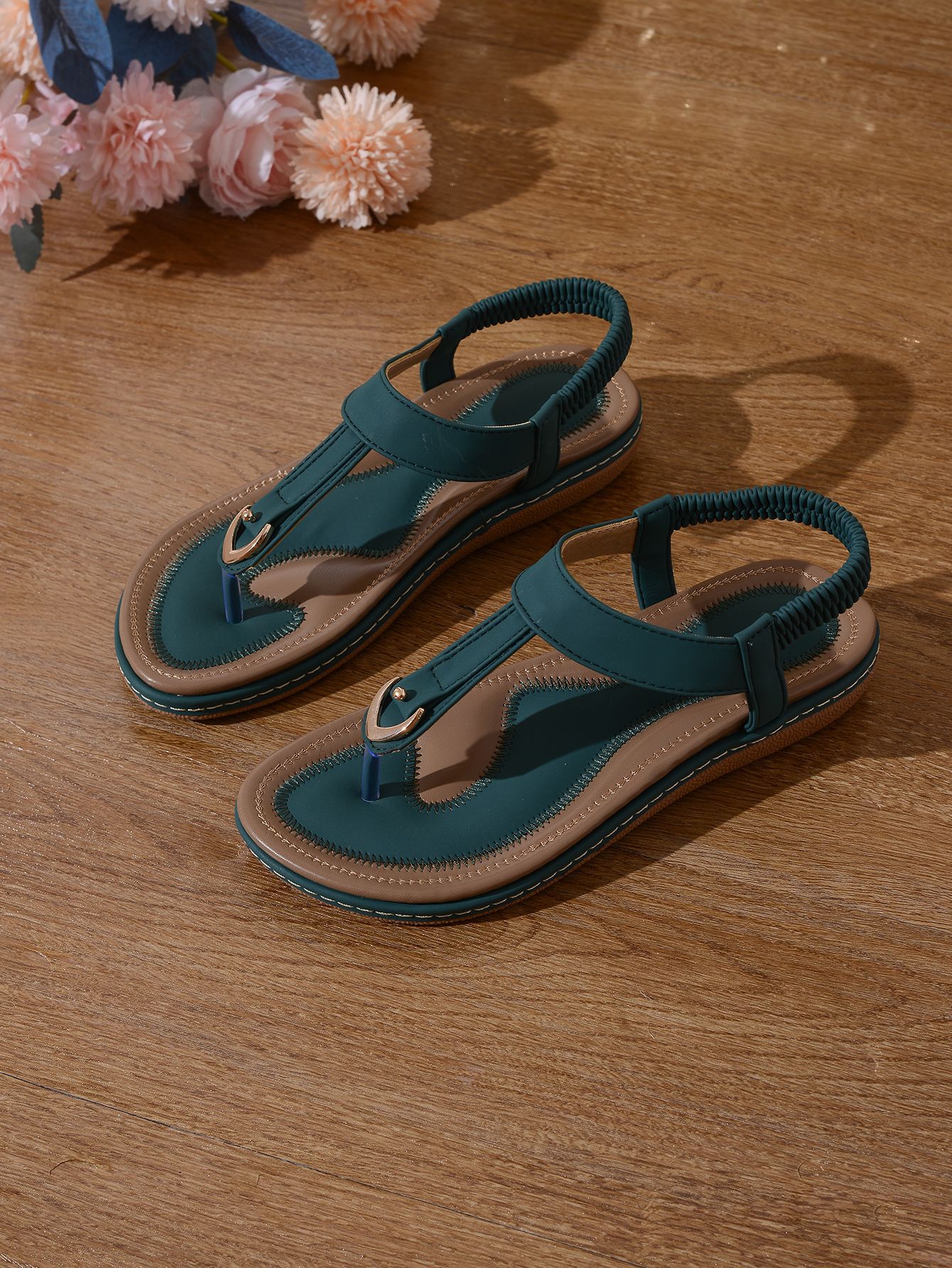 Sarah Express Color-Block Elastic Band Flat Beach Sandals Dark Green