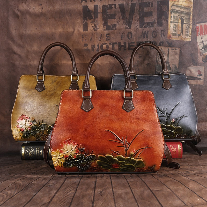 Sarah Express Floral Embossed Cowhide Structured Handbag