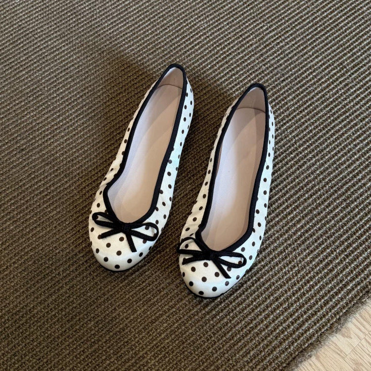 Sarah Express Polka Dot Bowtie Satin Flat Shoes White