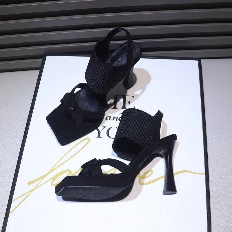 Sarah Express Suede Square Toe Stiletto Sandals