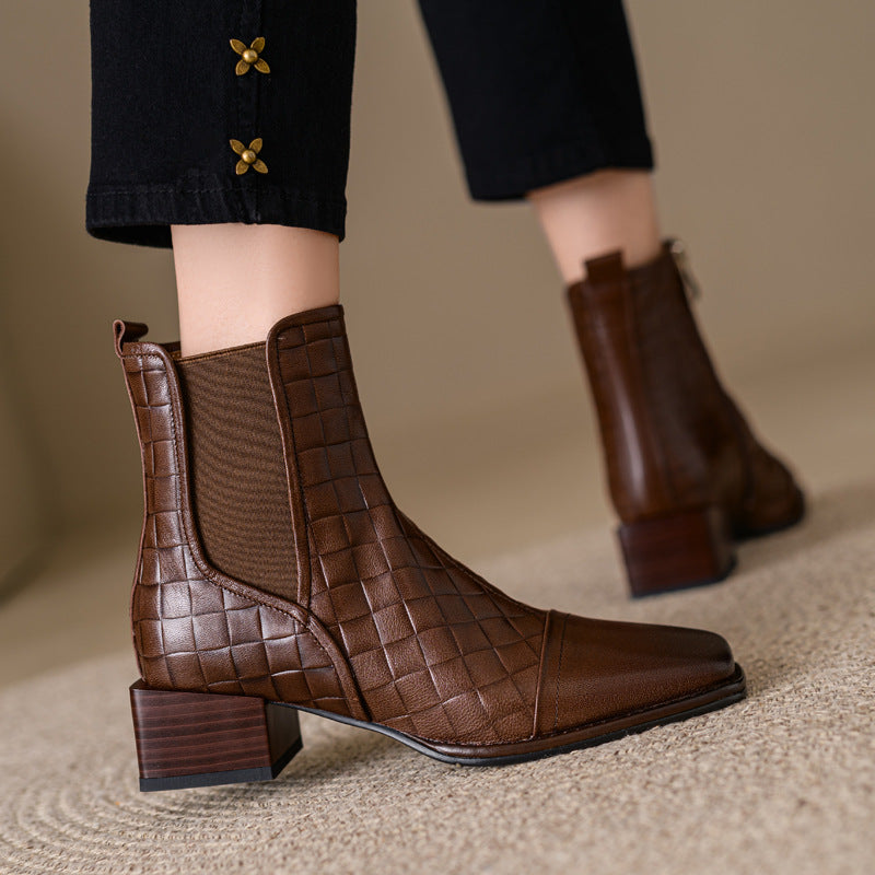 Sarah Express Woven Square-Toe Chunky-Heel Ankle Boots