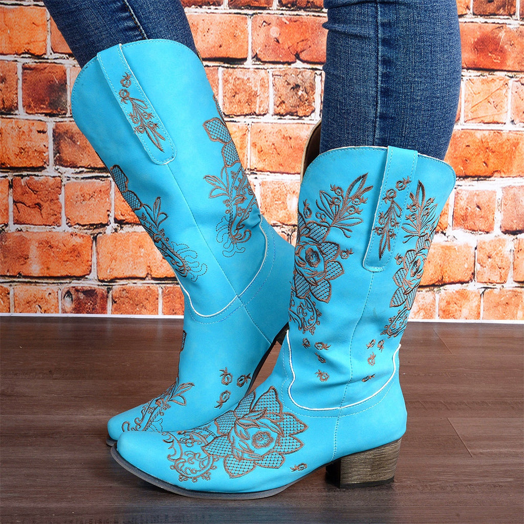 Sarah Express Embroidered Ethnic Mid-Calf Chunky Heel Boots