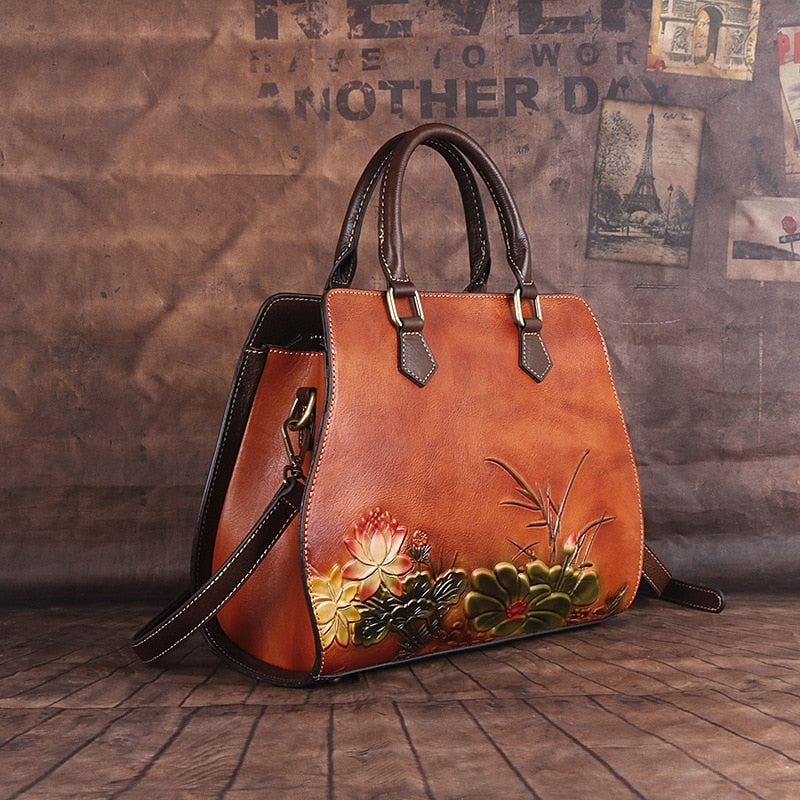 Sarah Express Floral Embossed Cowhide Structured Handbag