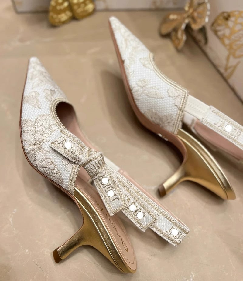 Sarah Express Gold Bow Strap Pointed Toe Heels