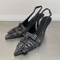 Sarah Express Retro Pointed Toe Ankle Strap Heels Black