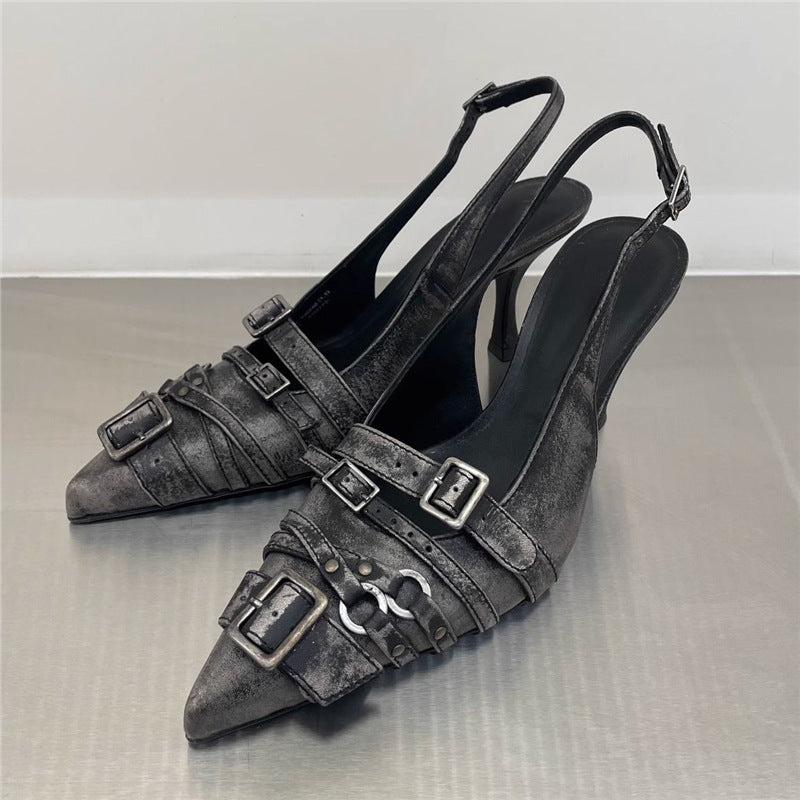 Sarah Express Retro Pointed Toe Ankle Strap Heels Black
