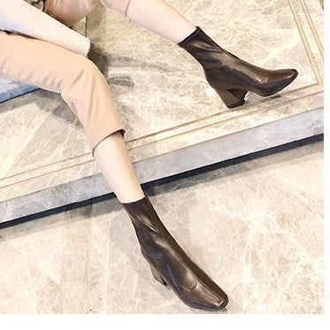 Sarah Express Minimalist Square Toe Chunky Heel Boots