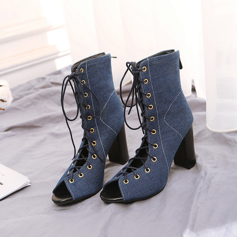 Sarah Express Denim Lace Up Peep Toe Heels