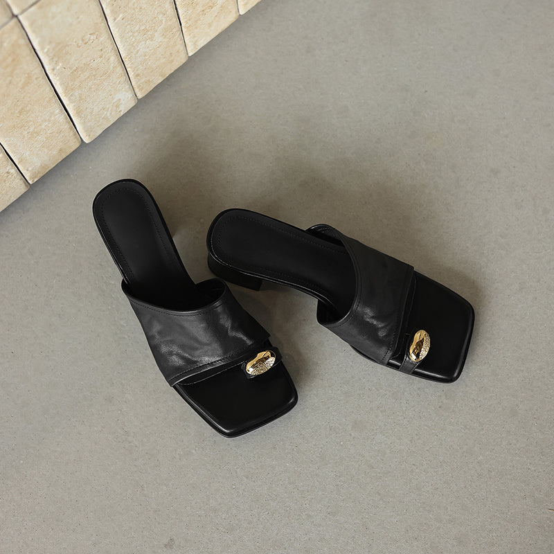 Sarah Express Lambskin Square Toe Block Heel Mules