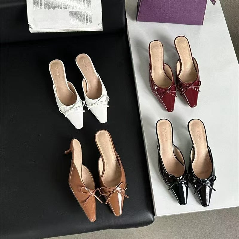 Sarah Express Elegant Low-Heel Bow Square Toe Slippers