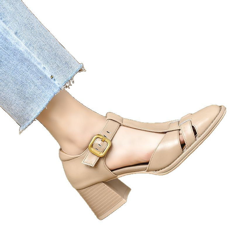 Sarah Express Chunky Heel Peep Toe Buckle Sandals