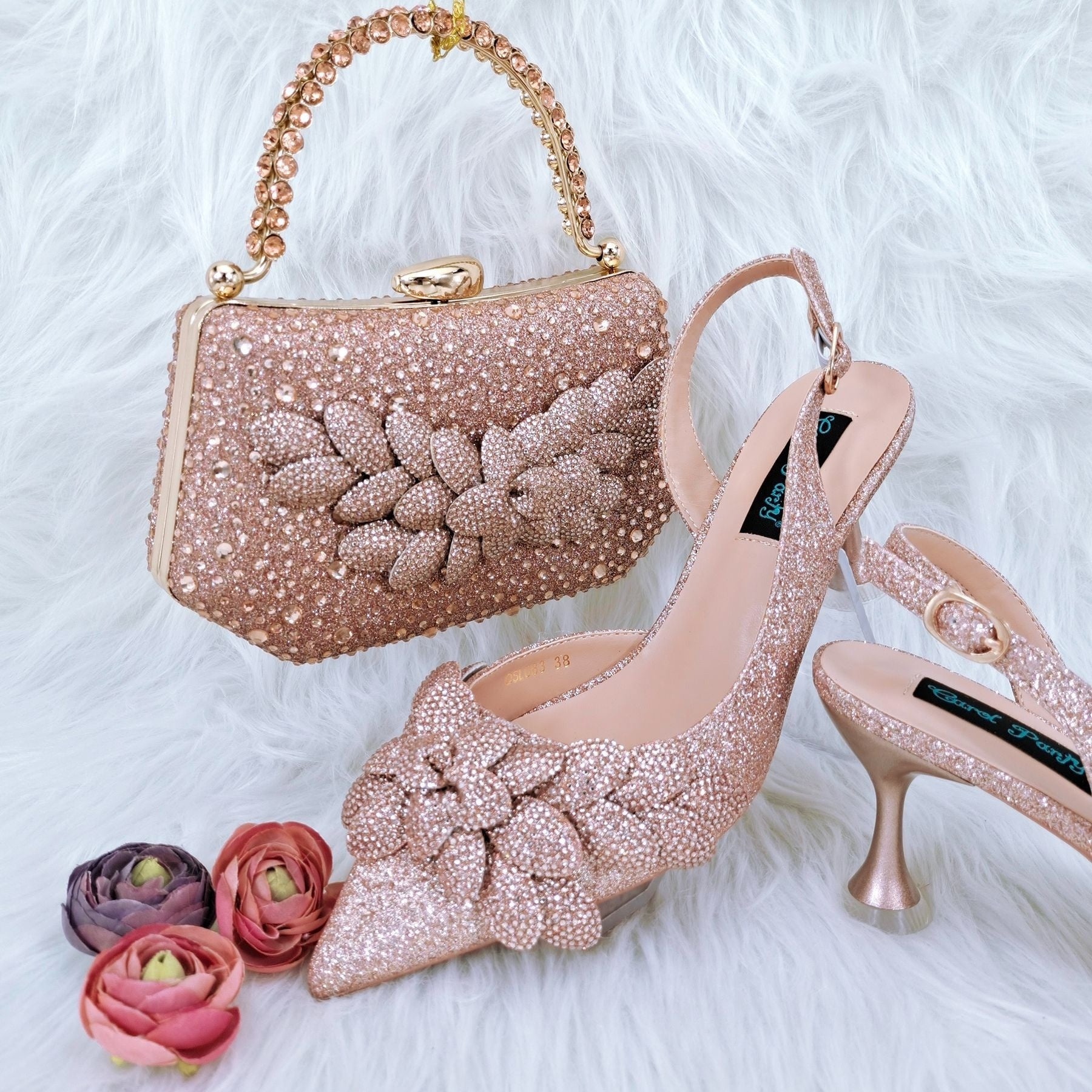 Sarah Express Rhinestone Floral Party Heels and Bag Set Champagne