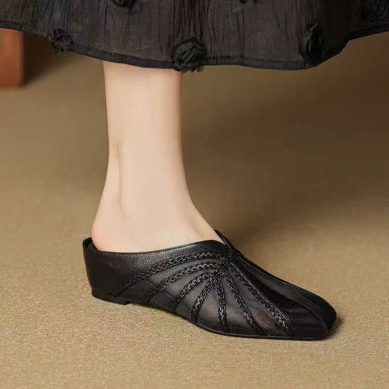 Sarah Express Breathable Square Toe Flat Mule Slippers Black