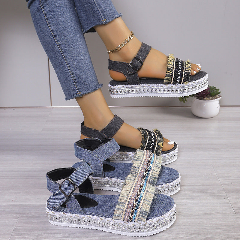Sarah Express Women's Tassel Denim Flat Sandals