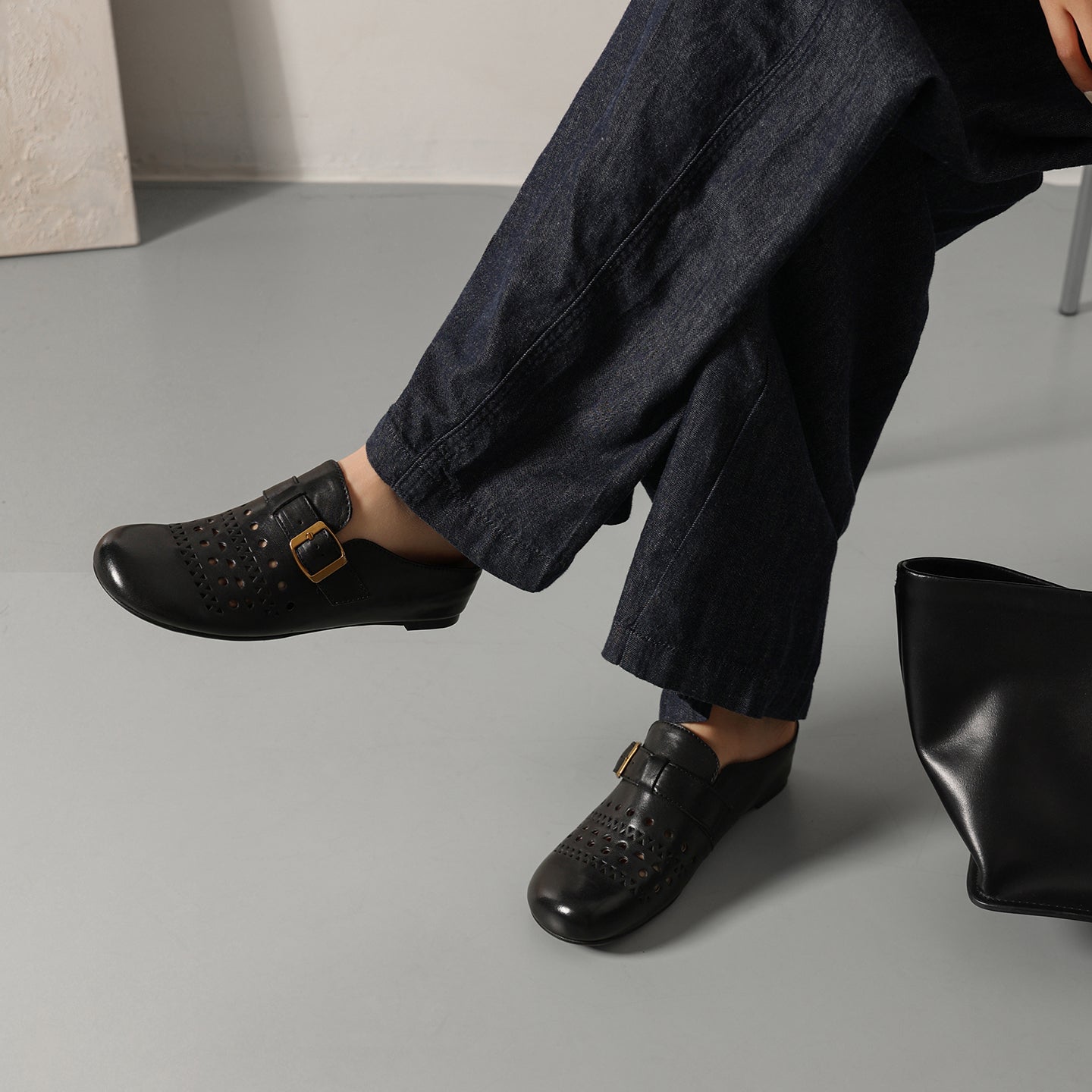 Sarah Express Perforated Cowhide Buckle Flat Mules
