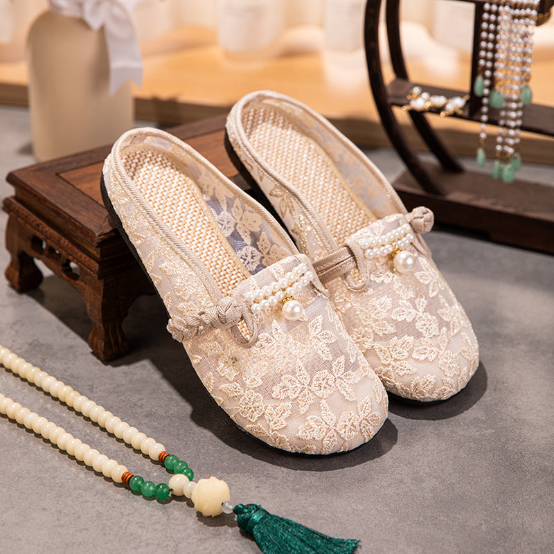 Sarah Express Embroidered Mesh Pearl Mule Slippers