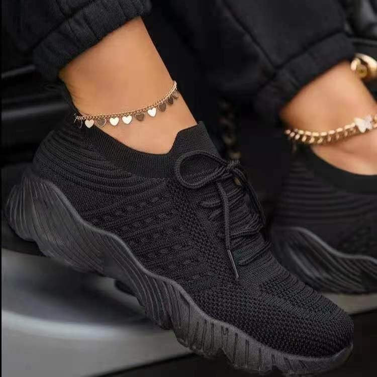 Sarah Express Breathable Flying Knit Platform Walking Sneakers Black