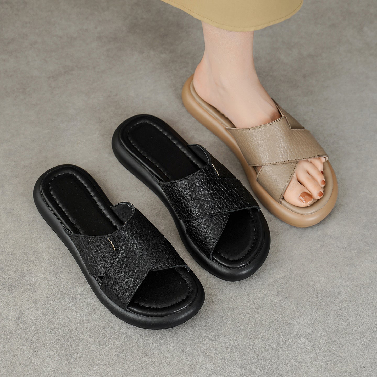 Sarah Express Sheepskin Crisscross Platform Slide Sandals