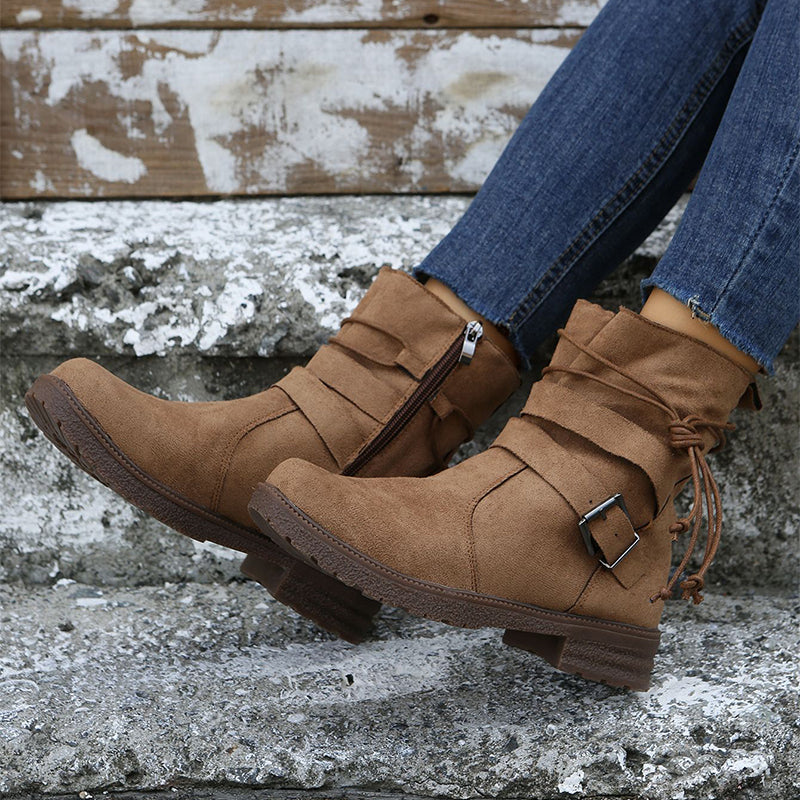 Sarah Express Retro Round Toe Buckle Ankle Boots