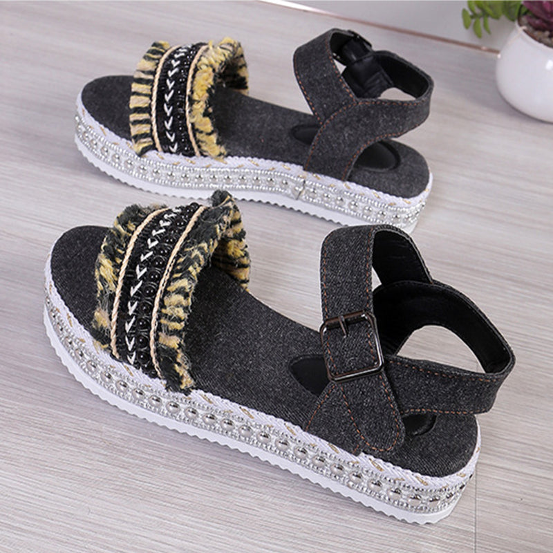 Sarah Express Women's Tassel Denim Flat Sandals