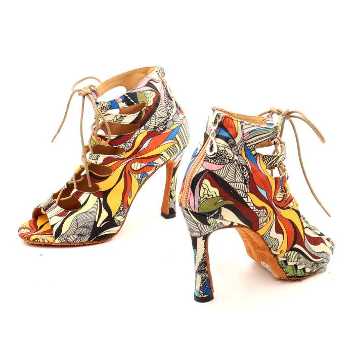 Sarah Express Abstract Print Lace-Up Latin Dance Heels Yellow