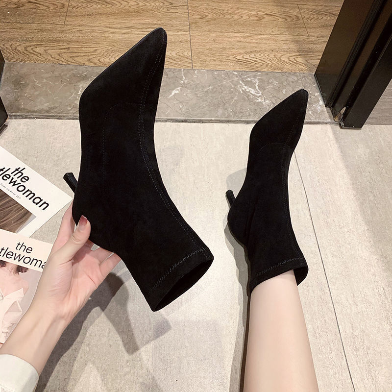 Sarah Express Women's Suede Stiletto Mid-Calf Boots Black Plus Velvet