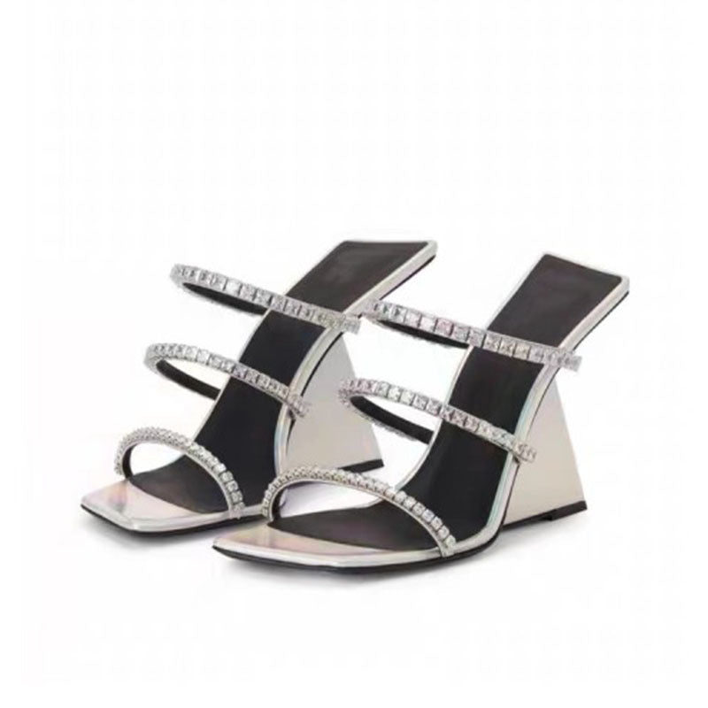 Sarah Express Patent Leather Square Toe Wedge Sandals