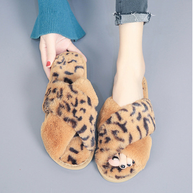 Sarah Express Fuzzy Leopard Cross-Strap House Slippers