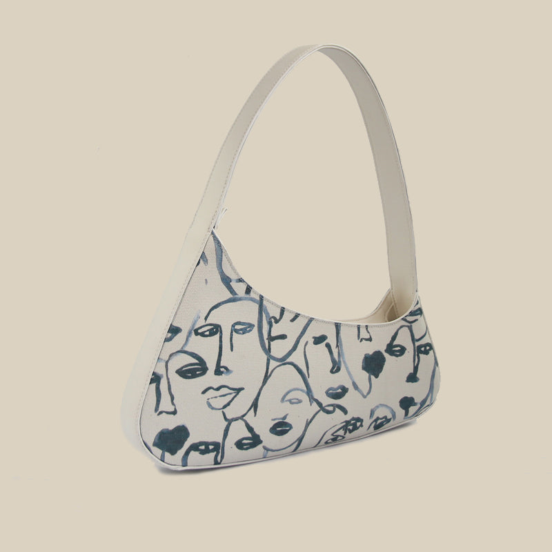Sarah Express Abstract Face Print Canvas Shoulder Bag White