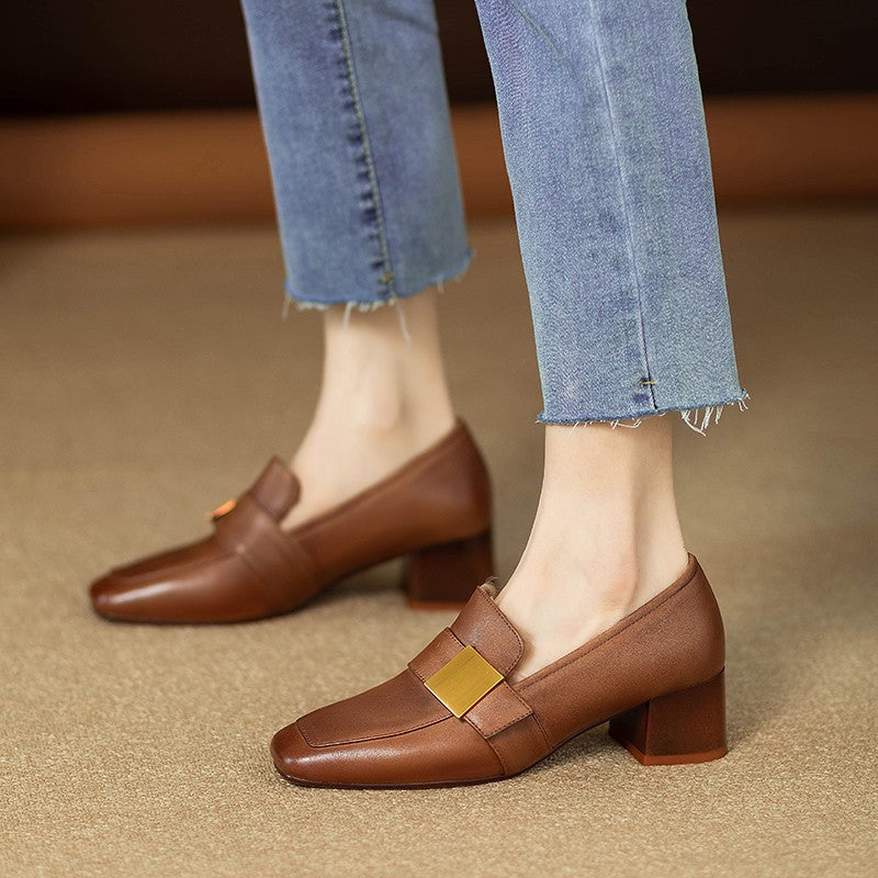 Sarah Express Retro Square Toe Chunky Heel Pumps