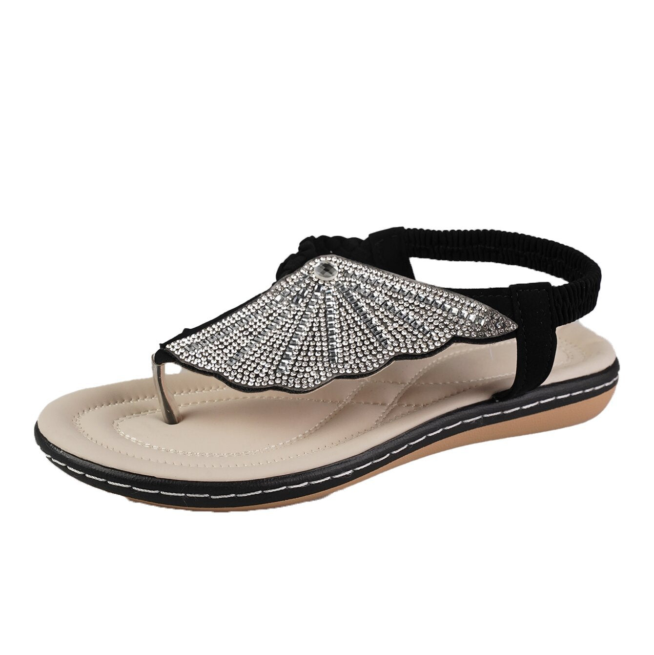 Sarah Express Rhinestone Embellished Flat Summer Sandals Black