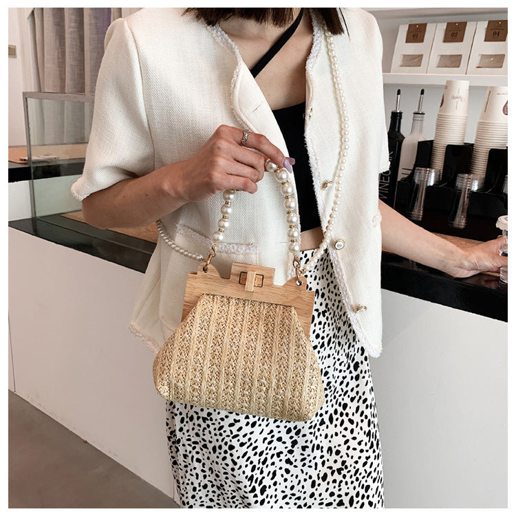 Sarah Express Woven Straw Shoulder Bag with Pearl Chain