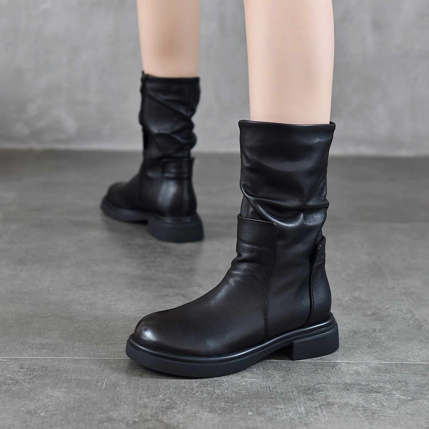Sarah Express Women's Genuine Leather Mid-Calf Chunky Boots