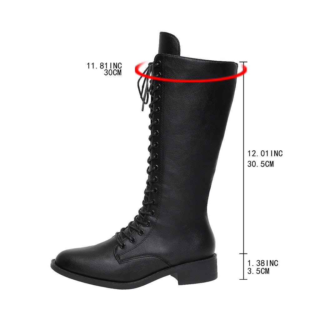 Sarah Express Women's Knee-High Lace-Up Round Toe Boots Black