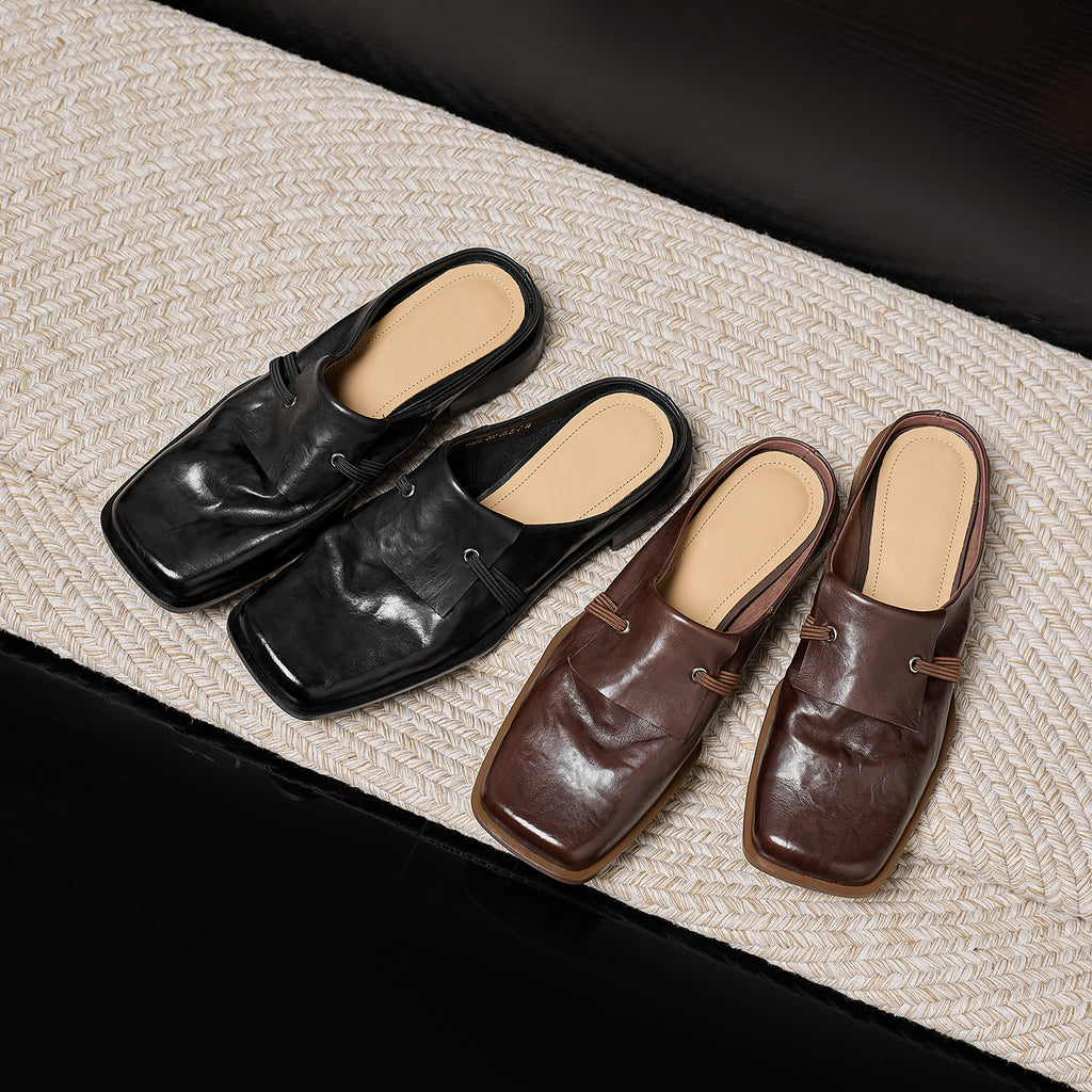 Sarah Express Full-Grain Calfskin Square Toe Mule Slides