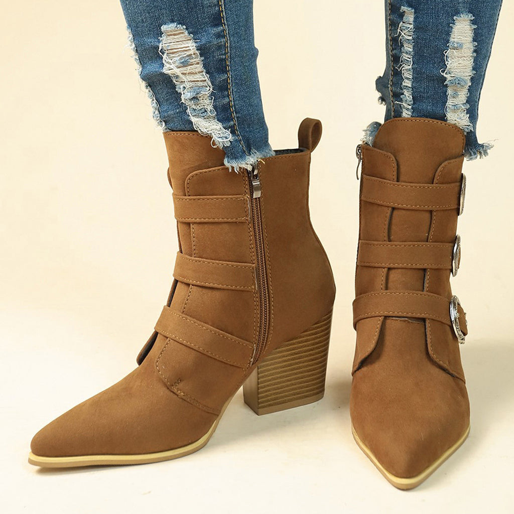 Sarah Express Retro Pointed Toe Chunky Heel Boots