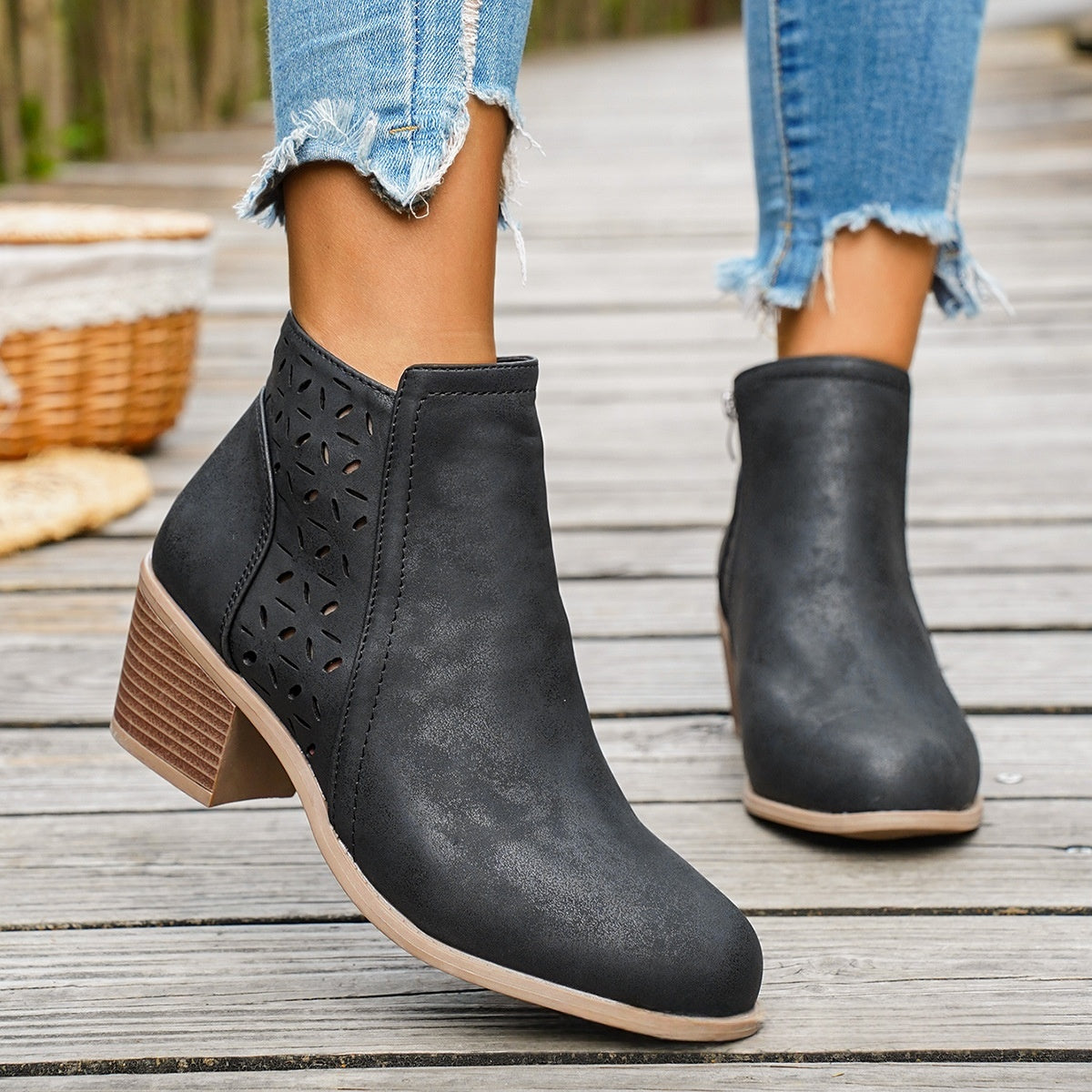 Sarah Express Chunky Heel Cutout Ankle Boots