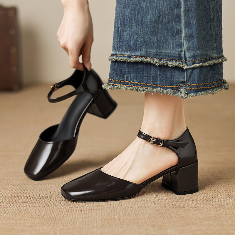 Sarah Express Full-Grain Cowhide Mary Jane Block Heels