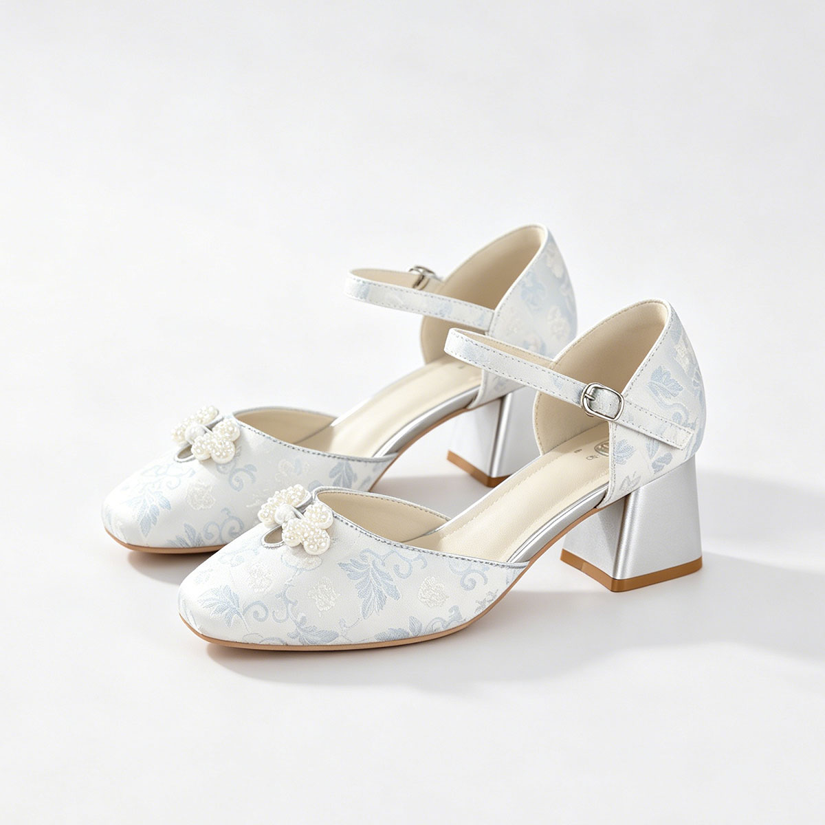 Sarah Express Jacquard Platform Heels with Pearl Bow