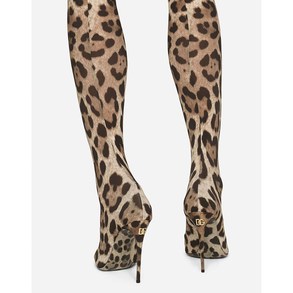 Sarah Express Leopard Print Knee-High Satin Stretch Boots