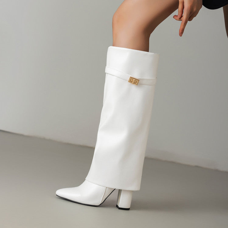 Sarah Express Pointed-Toe Chunky Heel Mid-Calf Boots