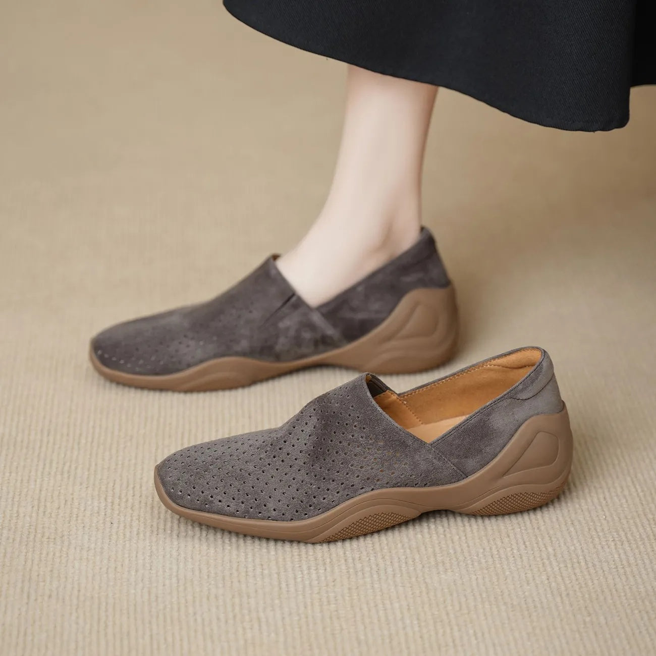 Sarah Express Square Toe Hollowed-Out Wedge Slip-On Flats Grey