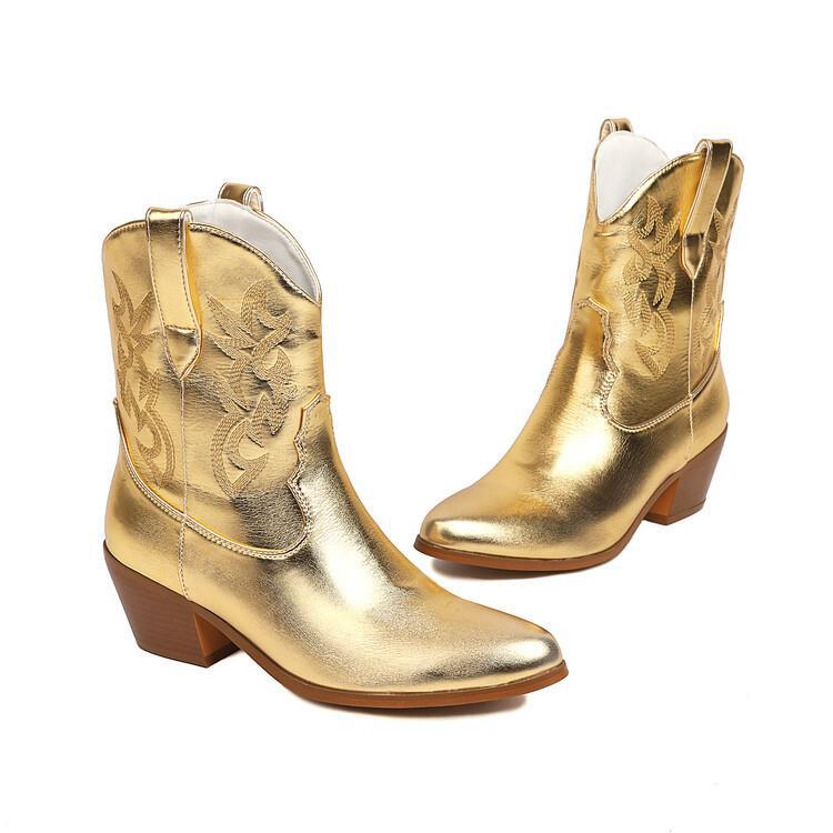 Sarah Express Embroidered Pointed Toe Mid-Calf Boots