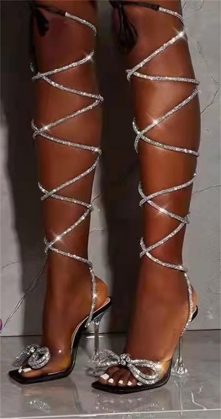 Sarah Express Rhinestone Strappy Square Toe Heeled Sandals