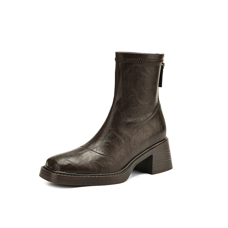 Sarah Express Chunky Heel Square Toe Ankle Boots Brown Single Liner