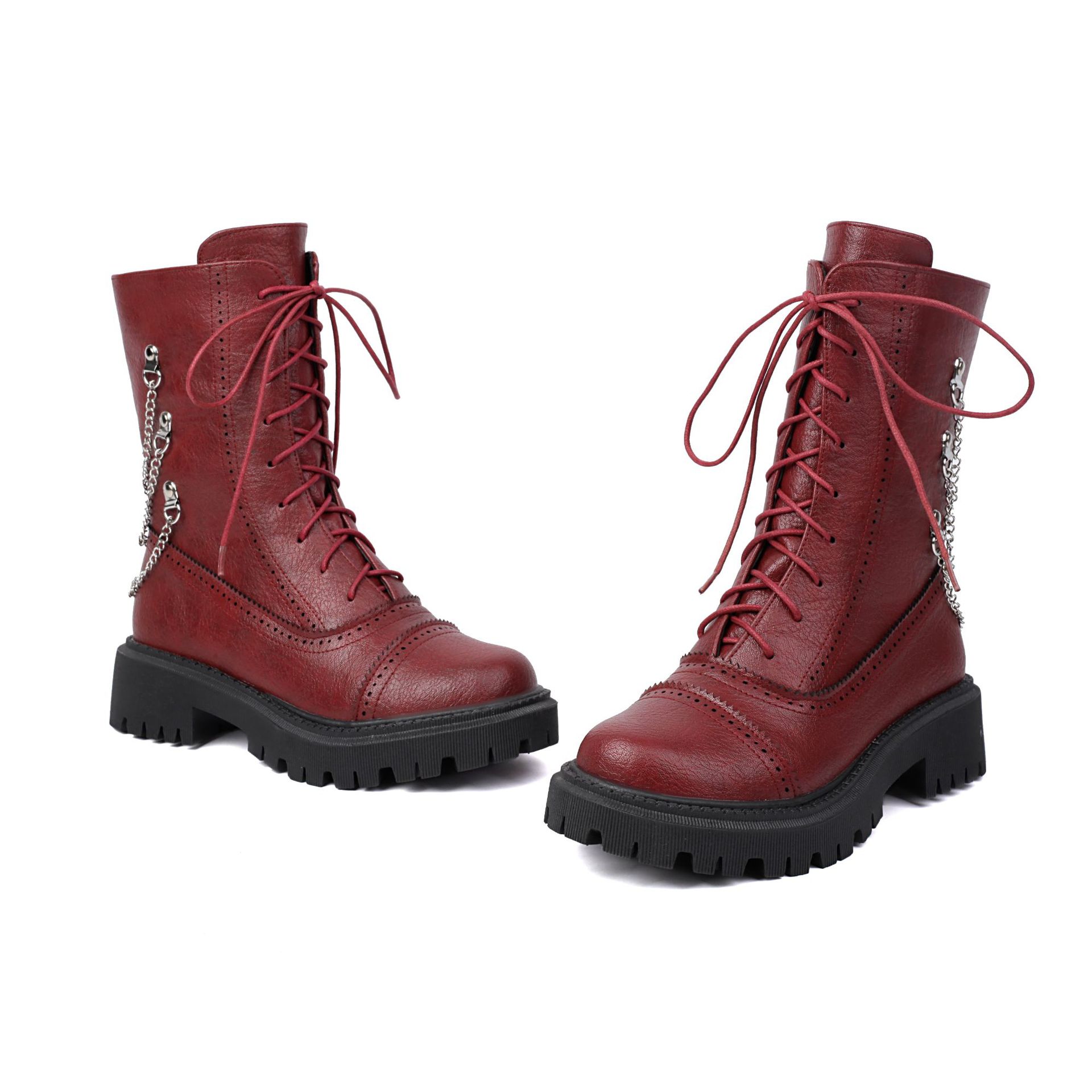 Sarah Express Chunky Heel Mid-Calf Lace-Up Boots Wine Red