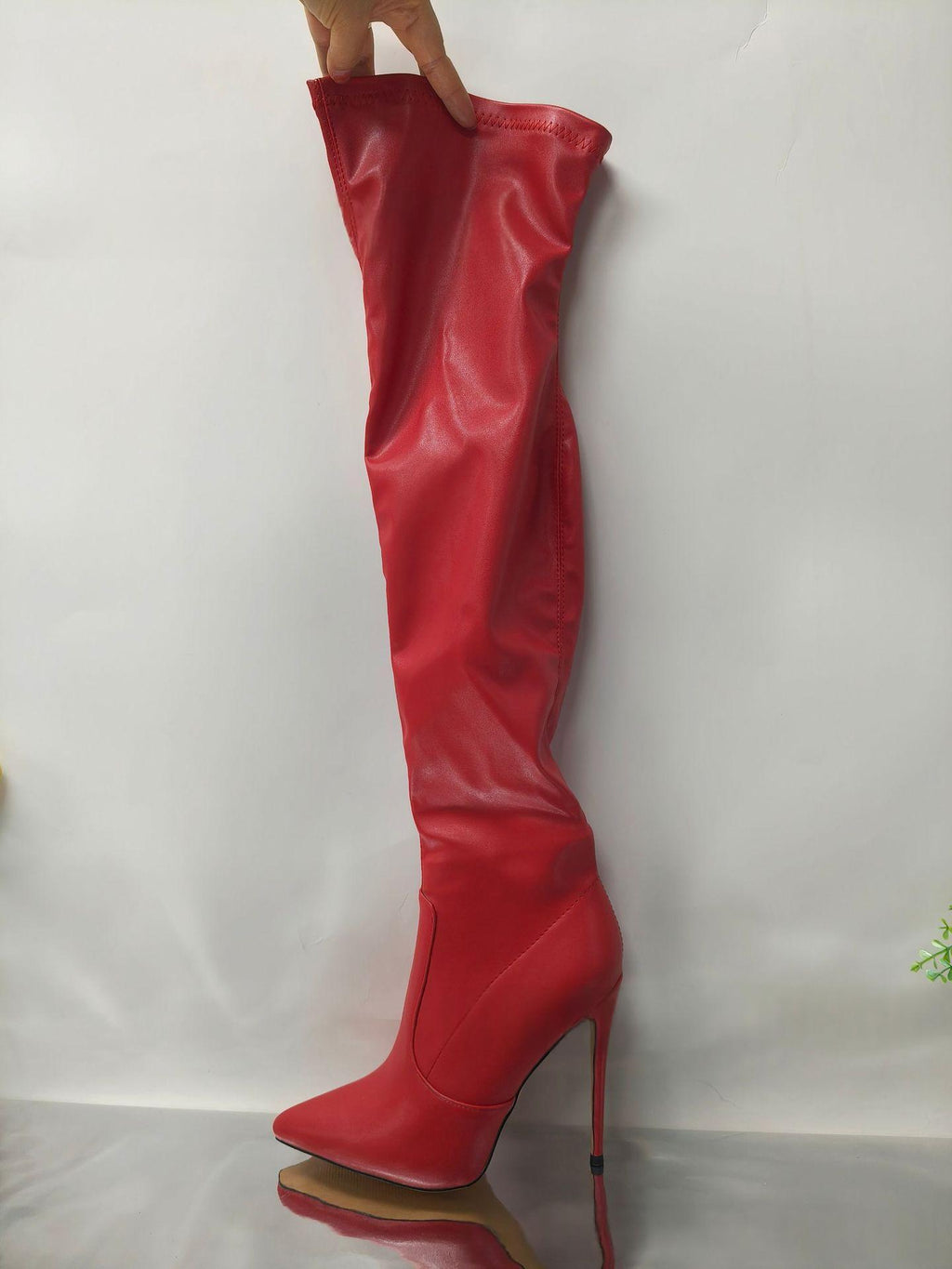 Sarah Express Stretchy Pointed Toe Thigh High Boots Red